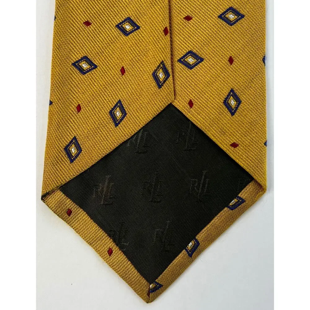Lauren Ralph Lauren Yellow Silk Tie Blue Red Diamond Geometric USA Made